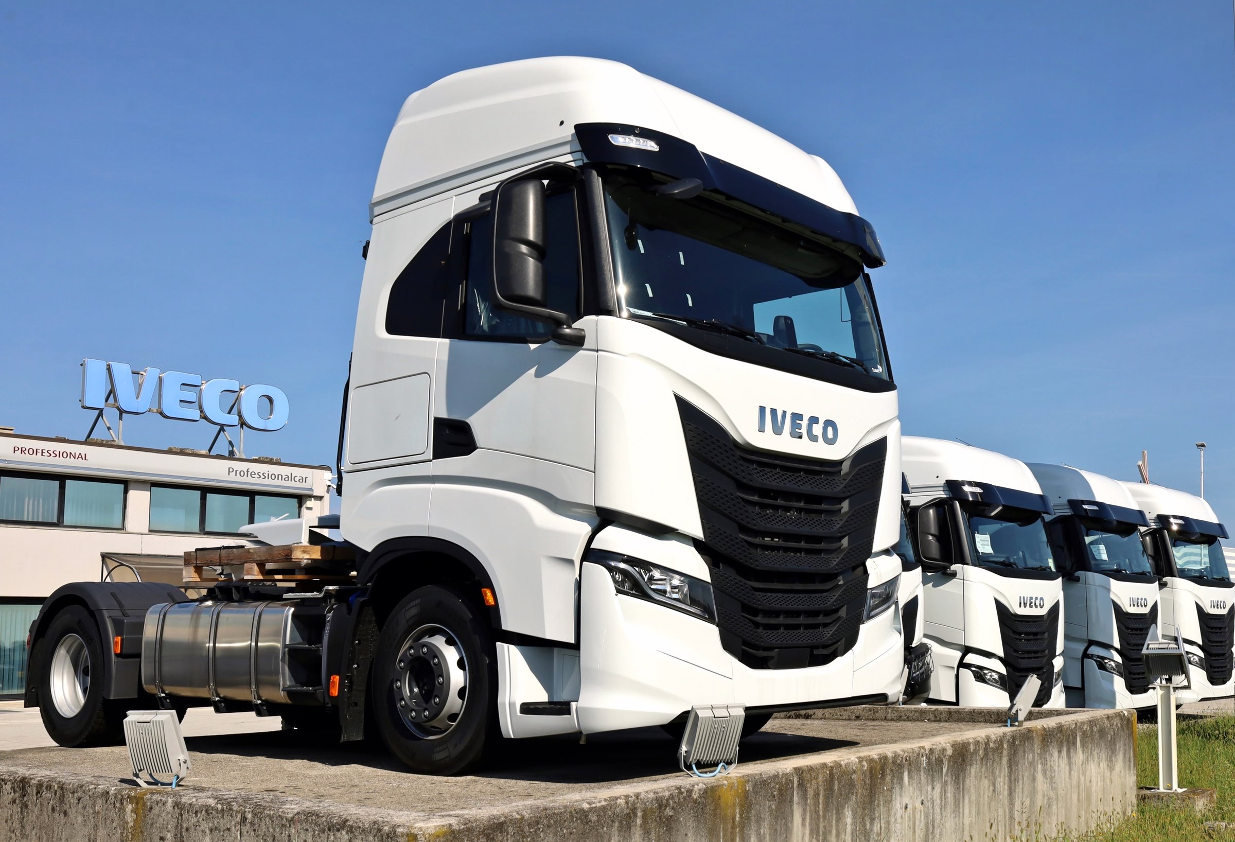 Pradamano, Italy. September 30, 2023. Iveco semi trucks on display