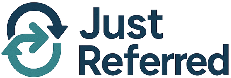 Logo with text Just Referred and circular refresh arrows in shades of blue and teal.