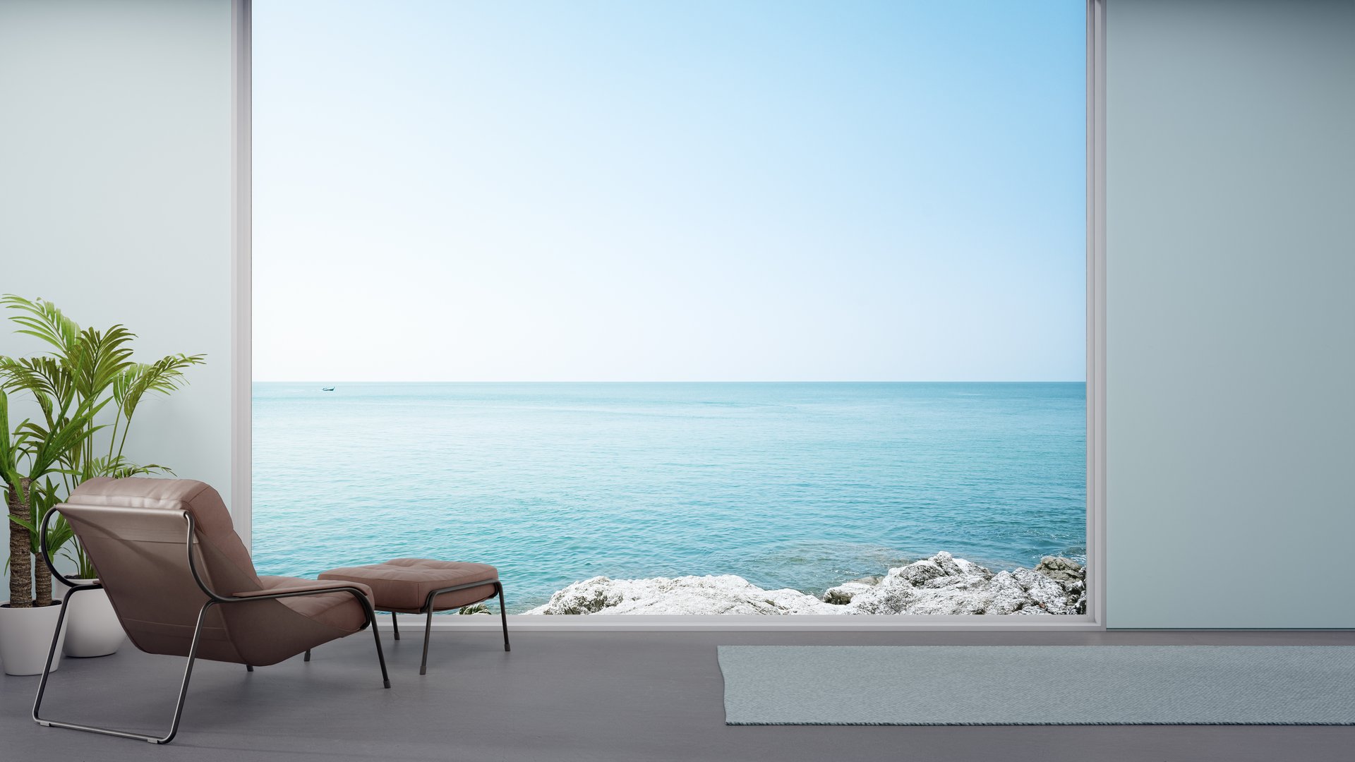 Minimal home interior 3d rendering with sky and sea view.