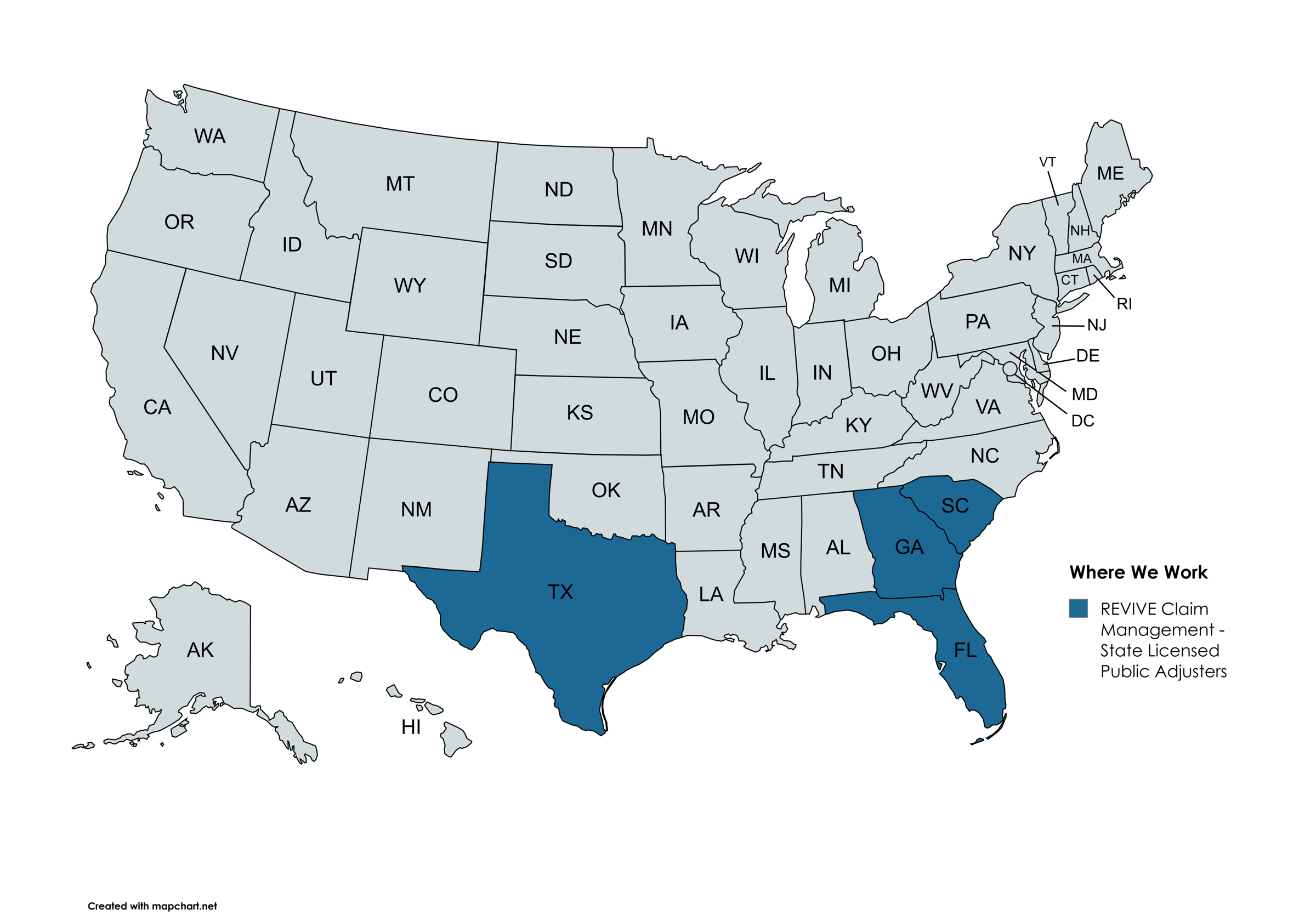 Map showing Revive Claim Management's licensed states: Texas, Florida, Georgia, and South Carolina