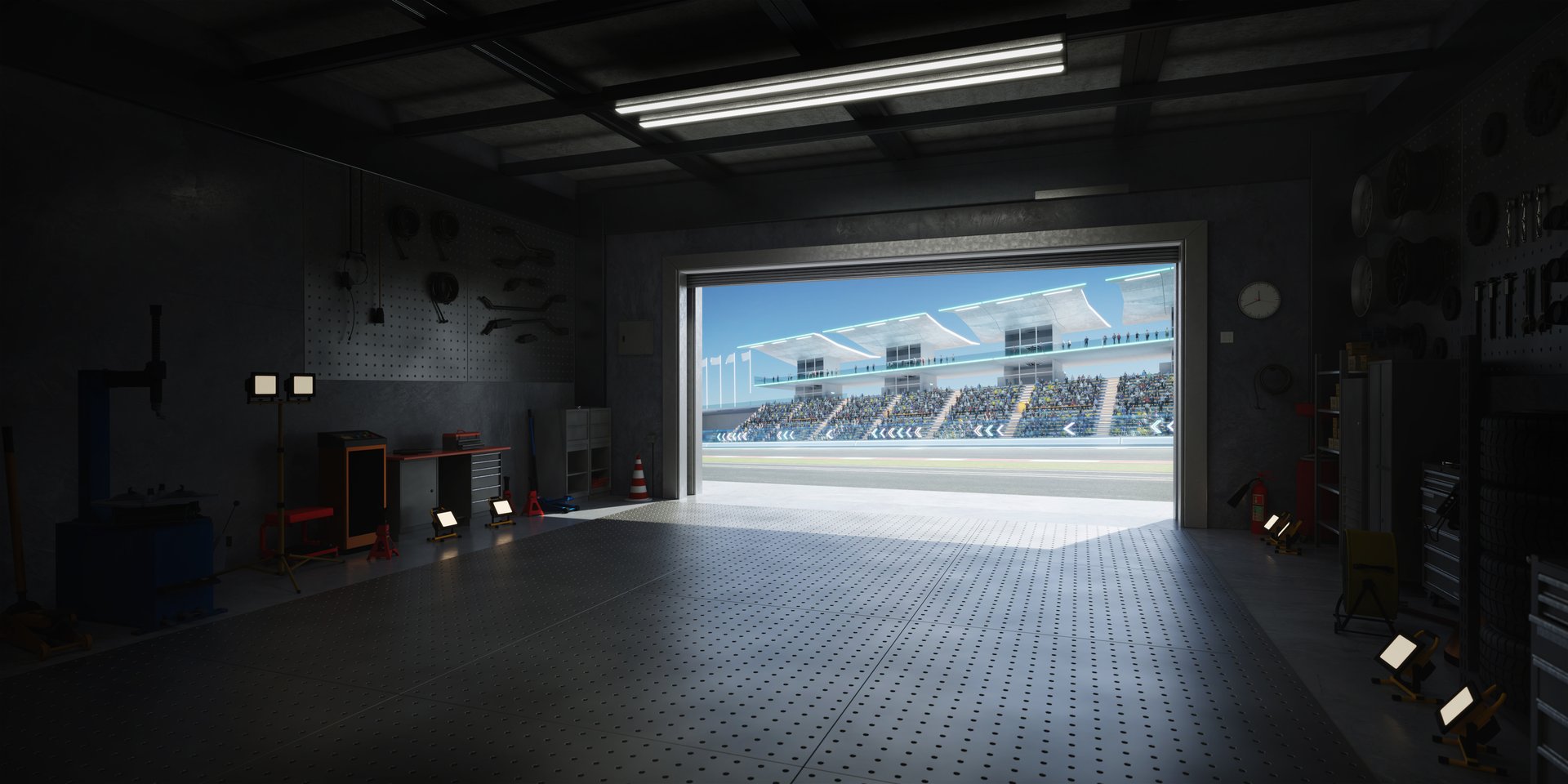 Open garage door revealing a sunny racetrack with cheering spectators, offering a glimpse into the exciting world of motorsports. 3D rendering