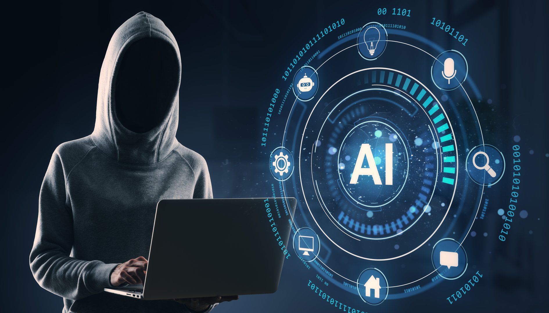 Hooded figure using laptop with glowing AI interface and icons on dark background. Concept of artificial intelligence and cybersecurity