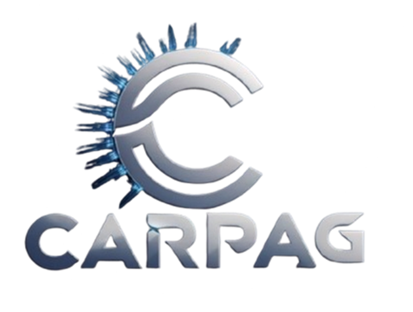 Logo with a stylized C and radial lines above the text CARPAG in metallic silver and blue tones.
