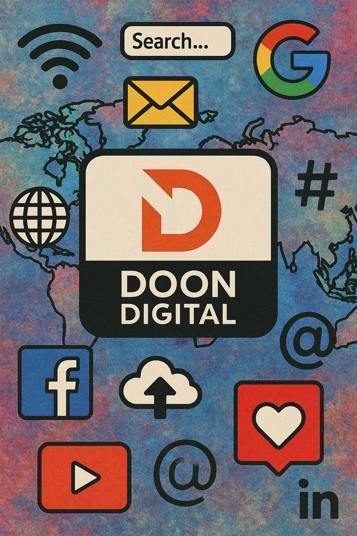 Digital-themed poster featuring logos and icons like Wi-Fi, Google, Facebook, and YouTube, with Doon Digital in the center.