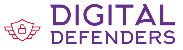Digital Defenders logo with purple text and red shield icon symbolizing security and protection.