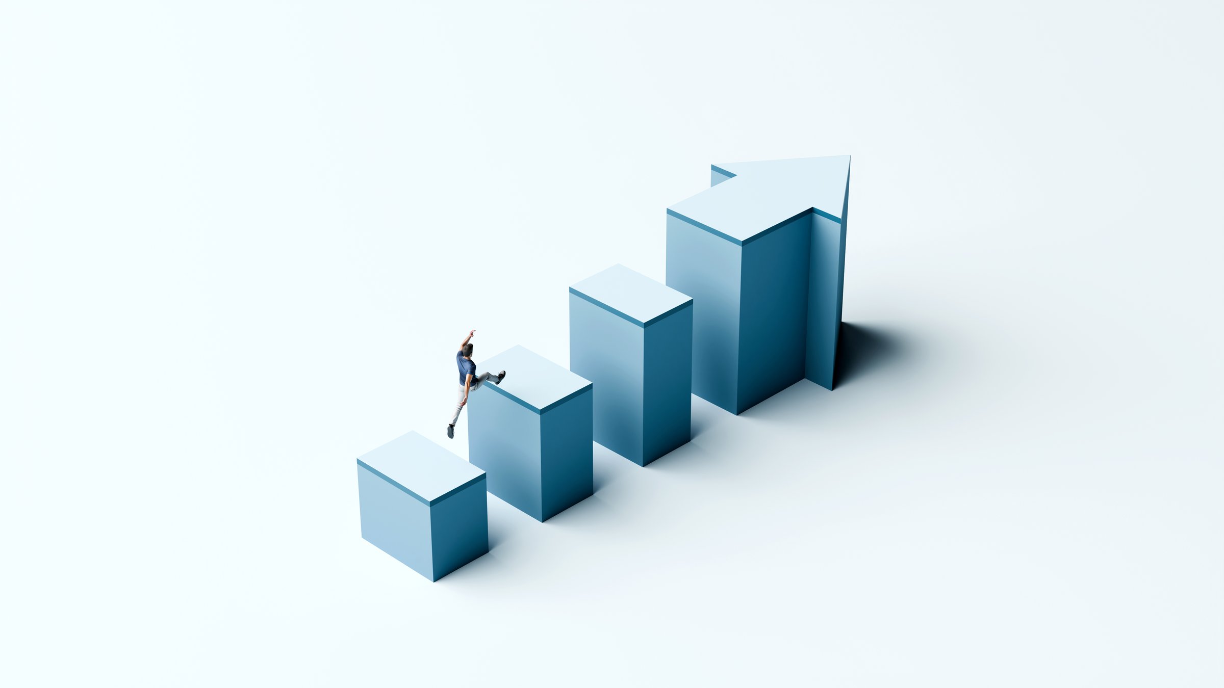 Man jumping on blocks toward forward arrow, progress success growth motivation and determination, 3d render