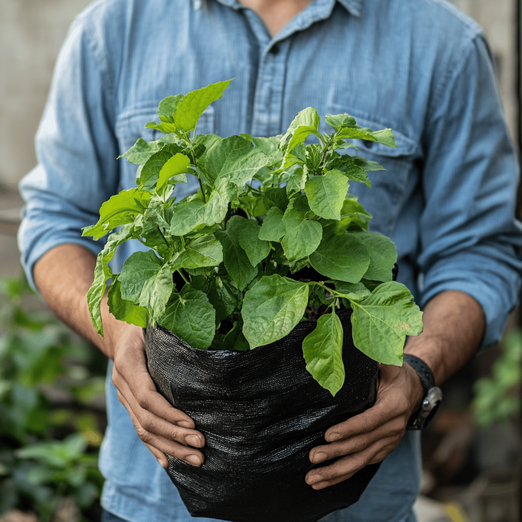 Person holding a potted green plant in a black bag, wearing a blue denim shirt.