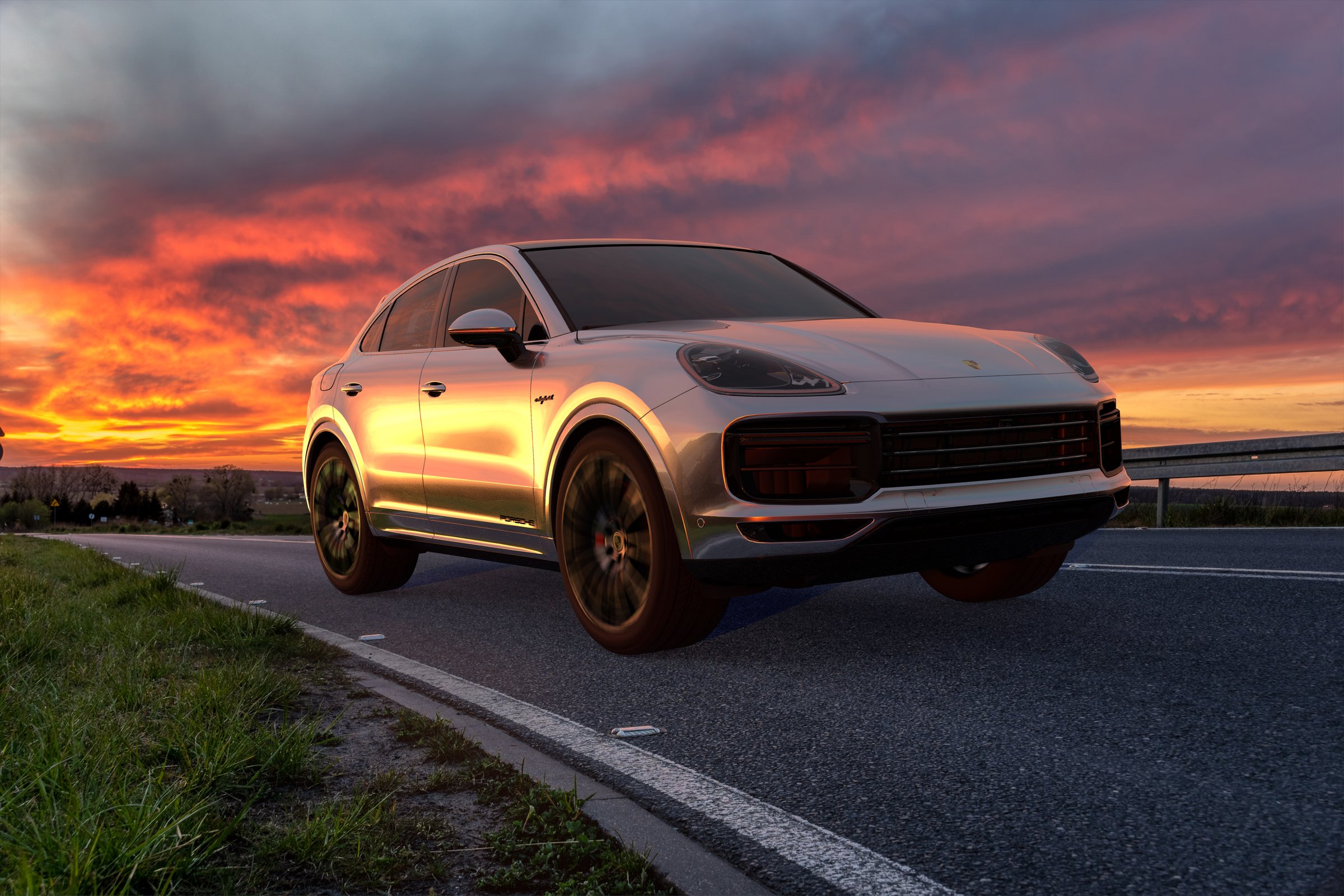 Szczecin,Poland-July2020:Porsche Cayenne Coupe driving on an asphalt, winding road during a dramatic, fiery sunset