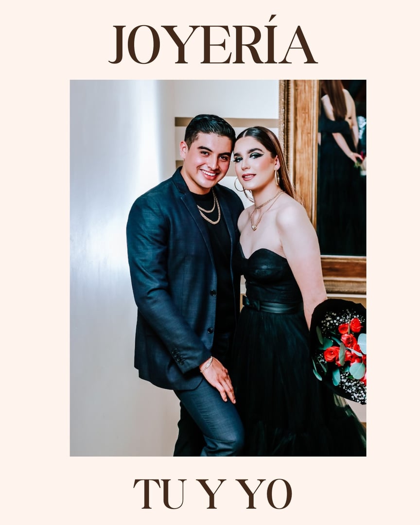 A well-dressed couple posing together, with the words "Joyería Tu y Yo" above and below them.