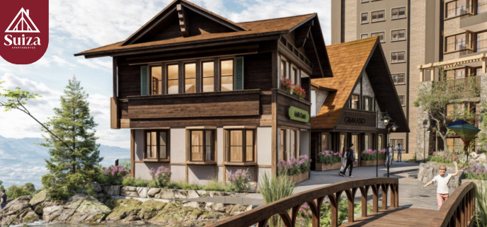 Chalet-style building with wooden architecture by a walkway, surrounded by trees and flowering plants, featuring a Suiza logo.
