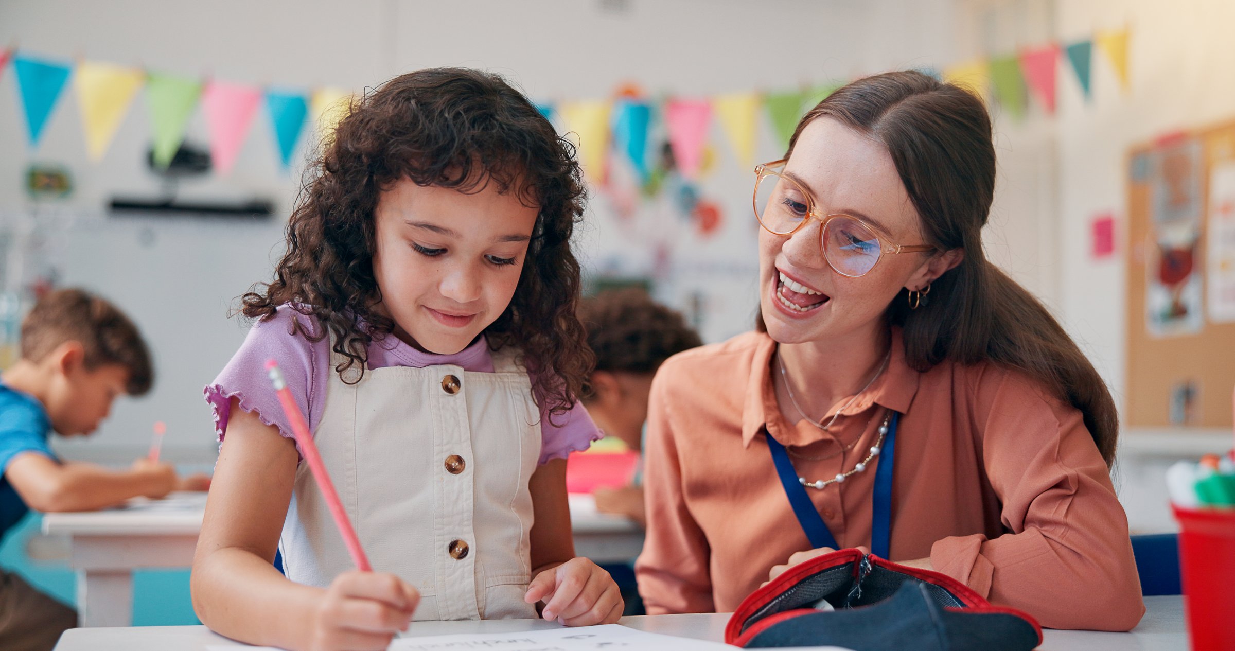 Education, girl or teacher with help, learning or fine motor skills with literacy knowledge. Child development, woman or student in classroom, creativity or advice with assessment, writing or support