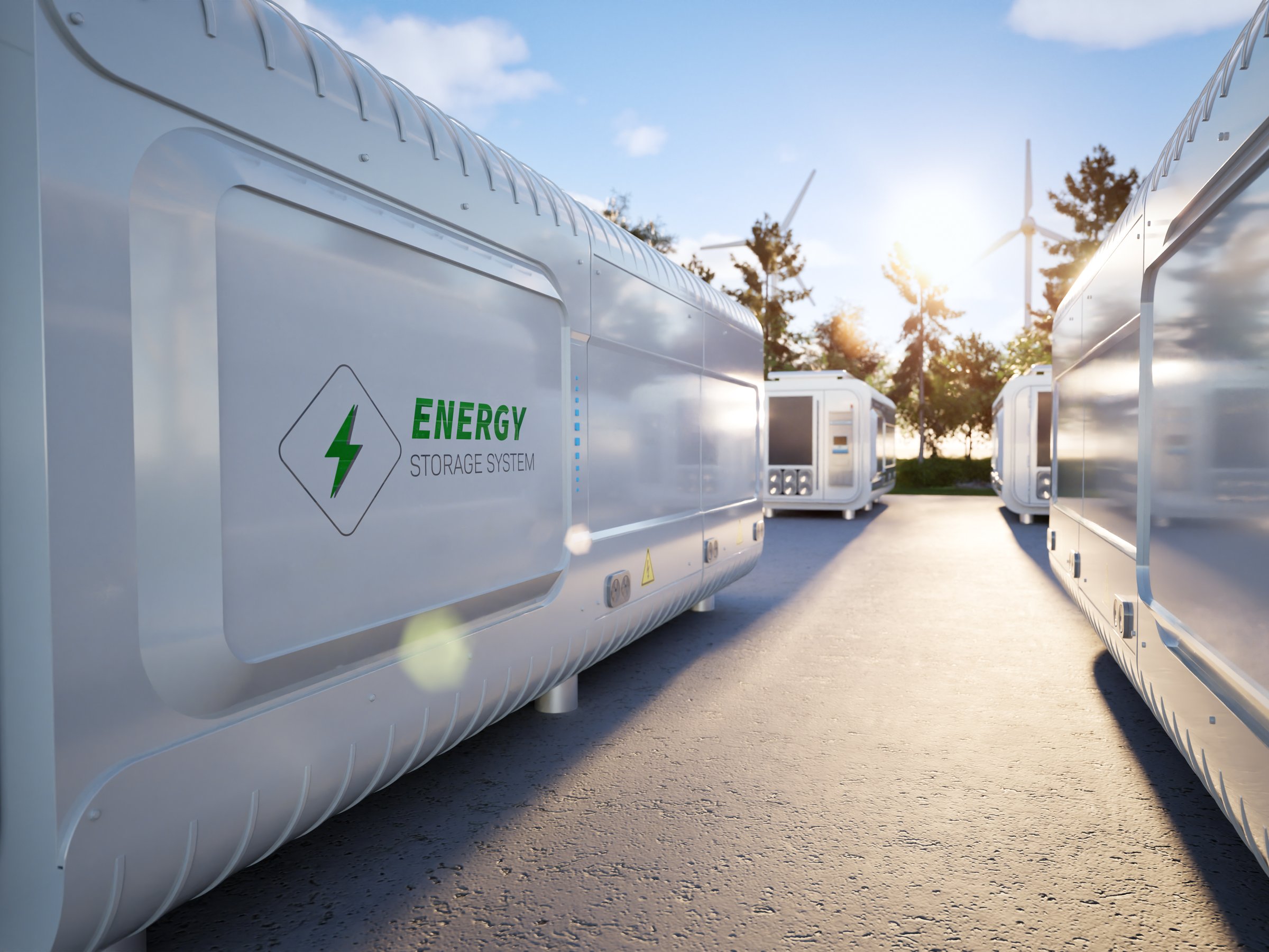3d rendering group of energy storage systems or battery container units with zero emission