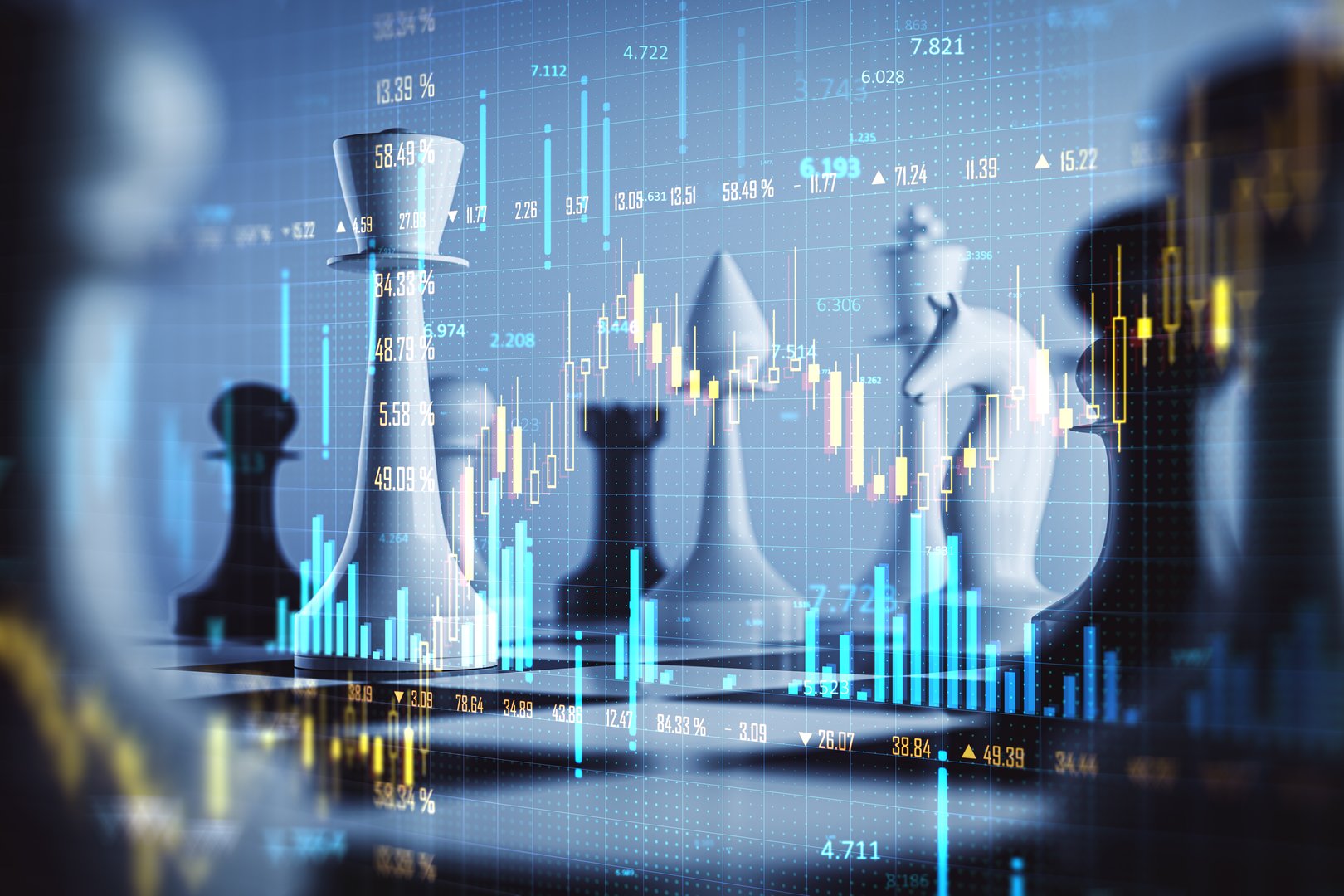 A blend of chess pieces and financial charts, showcasing strategy in trading on a blue background