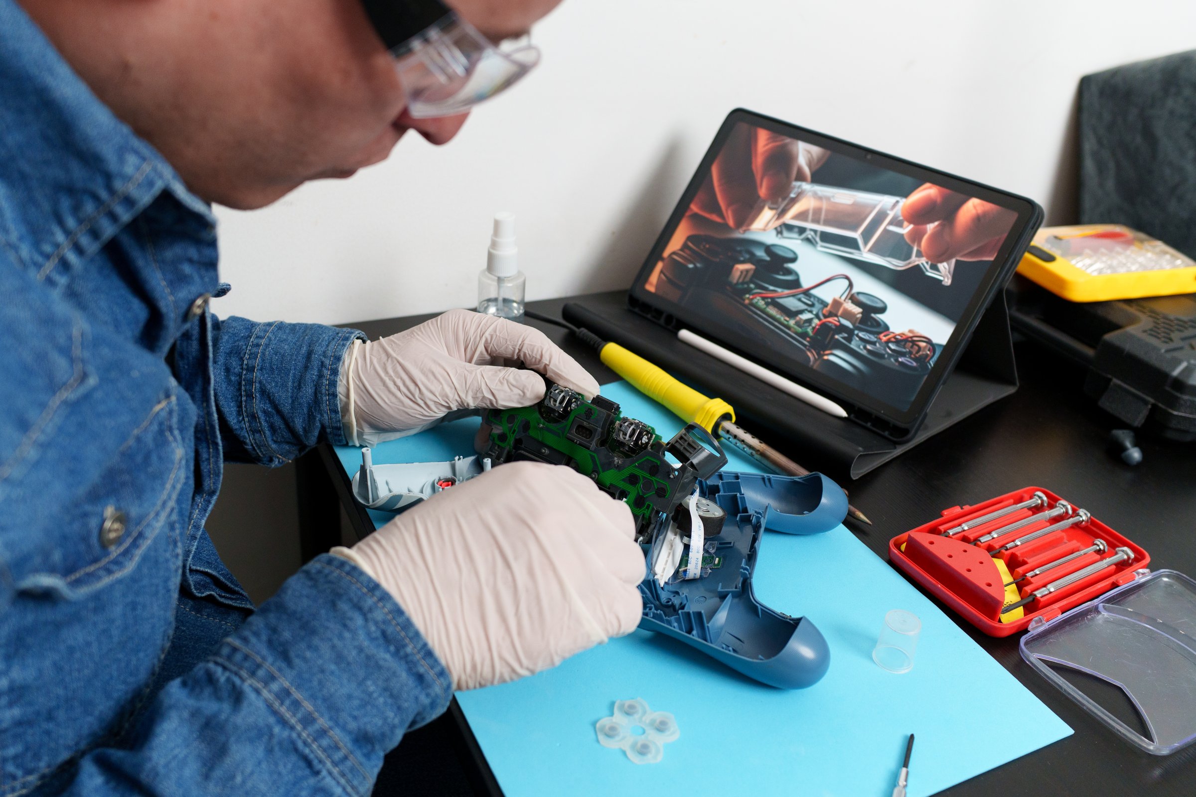 Electronic technician wearing safety glasses and gloves repairing a video game controller following a tutorial on a tablet