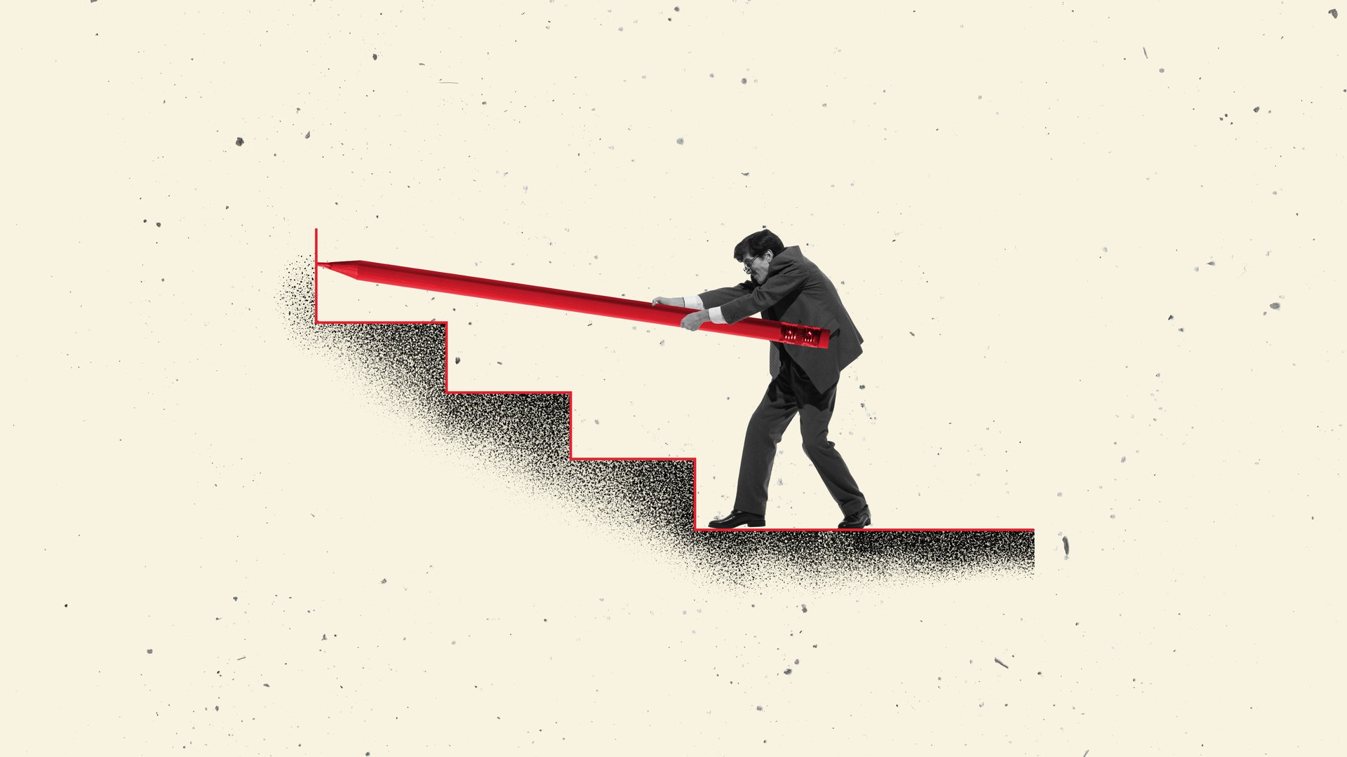 Digital artwork. Businessman pushing giant red pencil up staircase symbol of challenge strategy and persistence in career. Concept of workplace effort, resilience, problem solving and business growth.