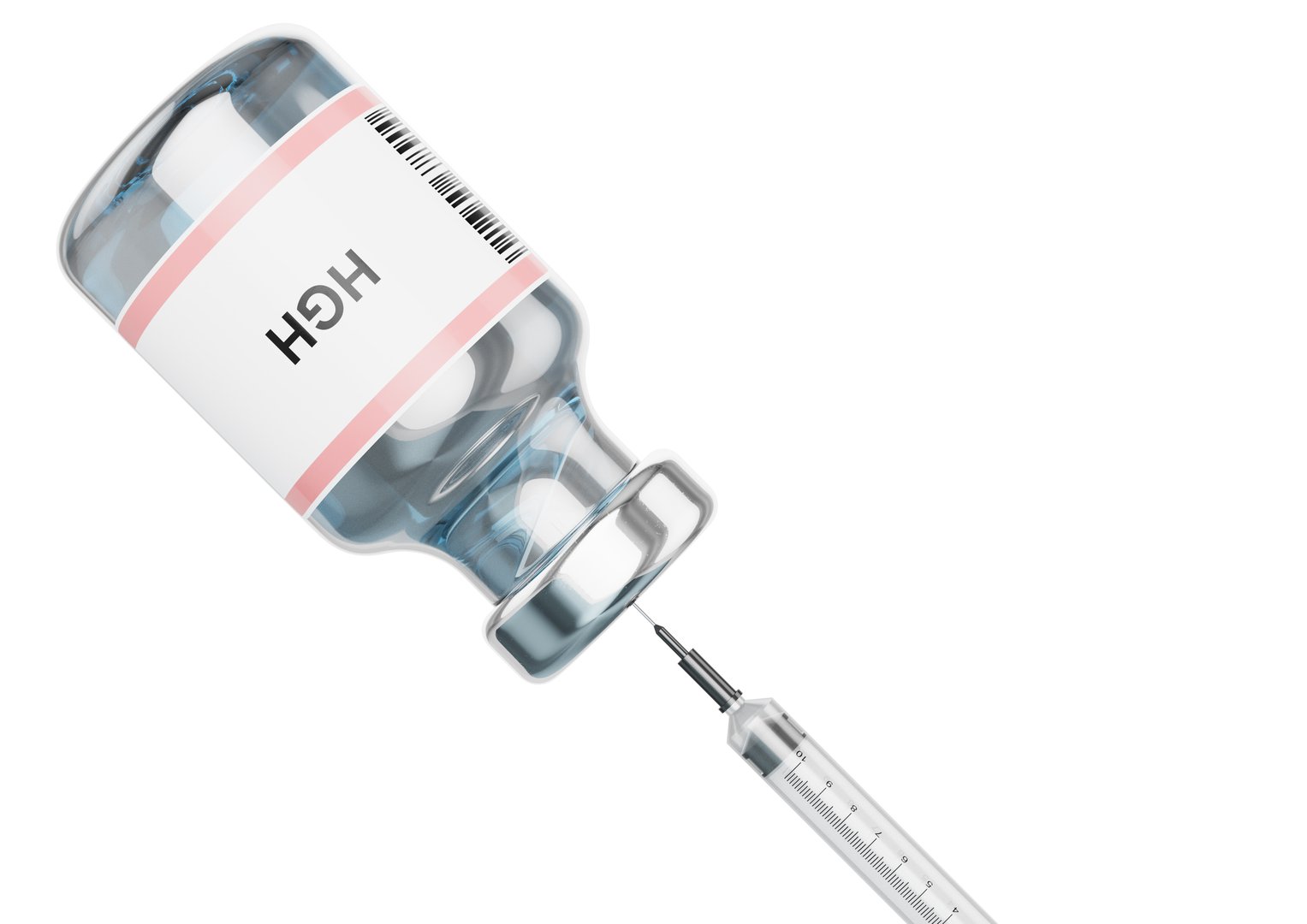 Bottle of human growth hormone, HGH and syringe isolated on white background. 3D rendering
