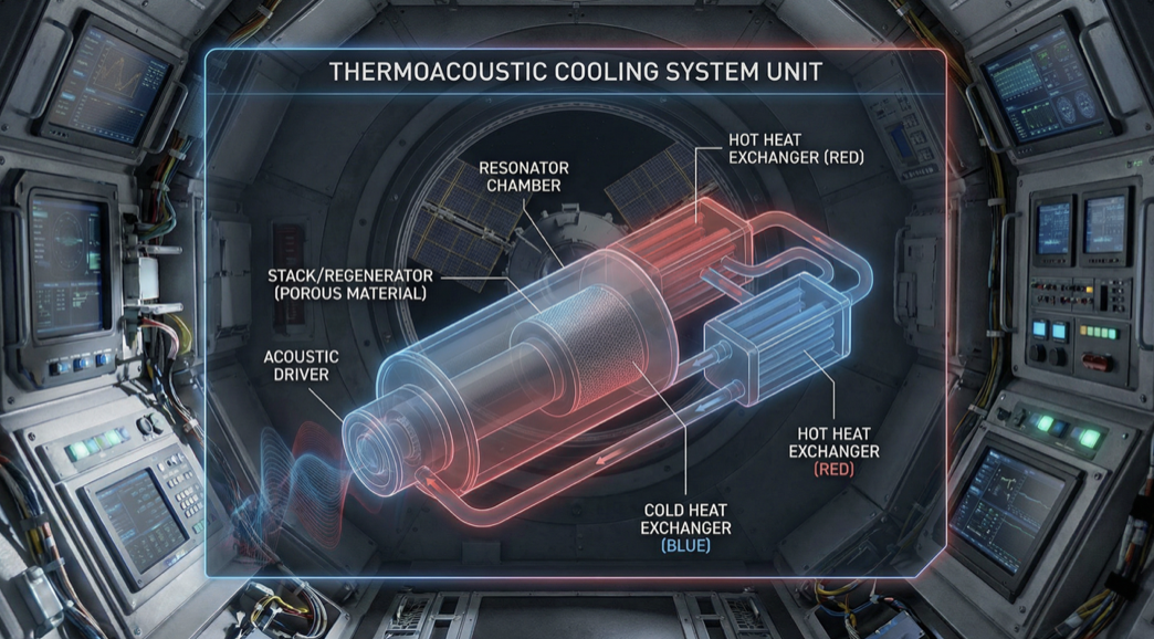 Aerospace thermoacoustic cooling system for satellite and spacecraft thermal management