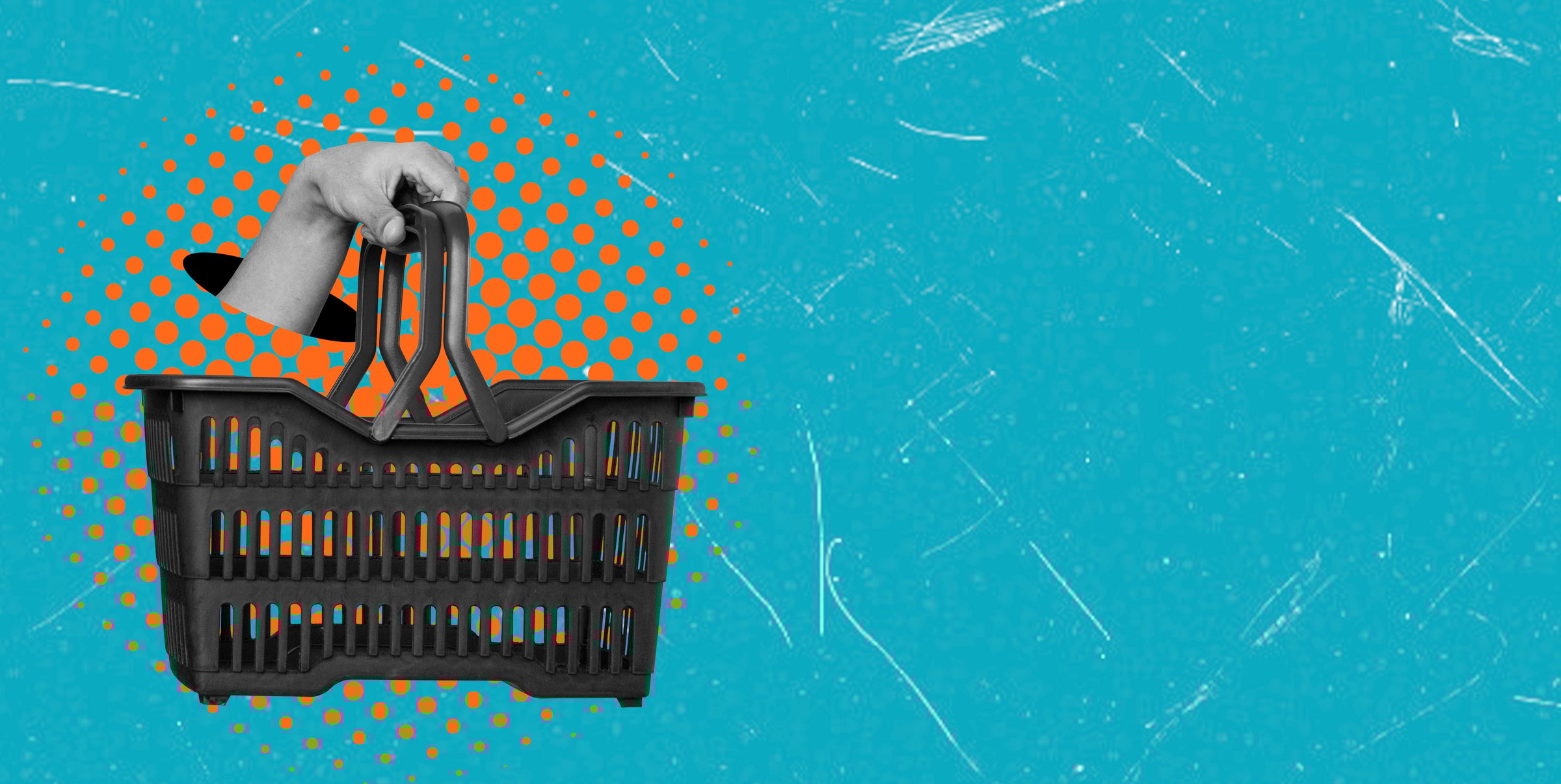 Art collage, A hand grips a black shopping basket, showcasing a simple yet modern design. The colorful blue background with orange dots adds a vibrant touch, highlighting the ease of shopping.
