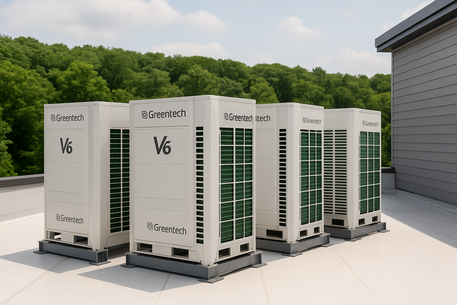 Four Greentech V6 outdoor air conditioning units on a rooftop with trees in the background.