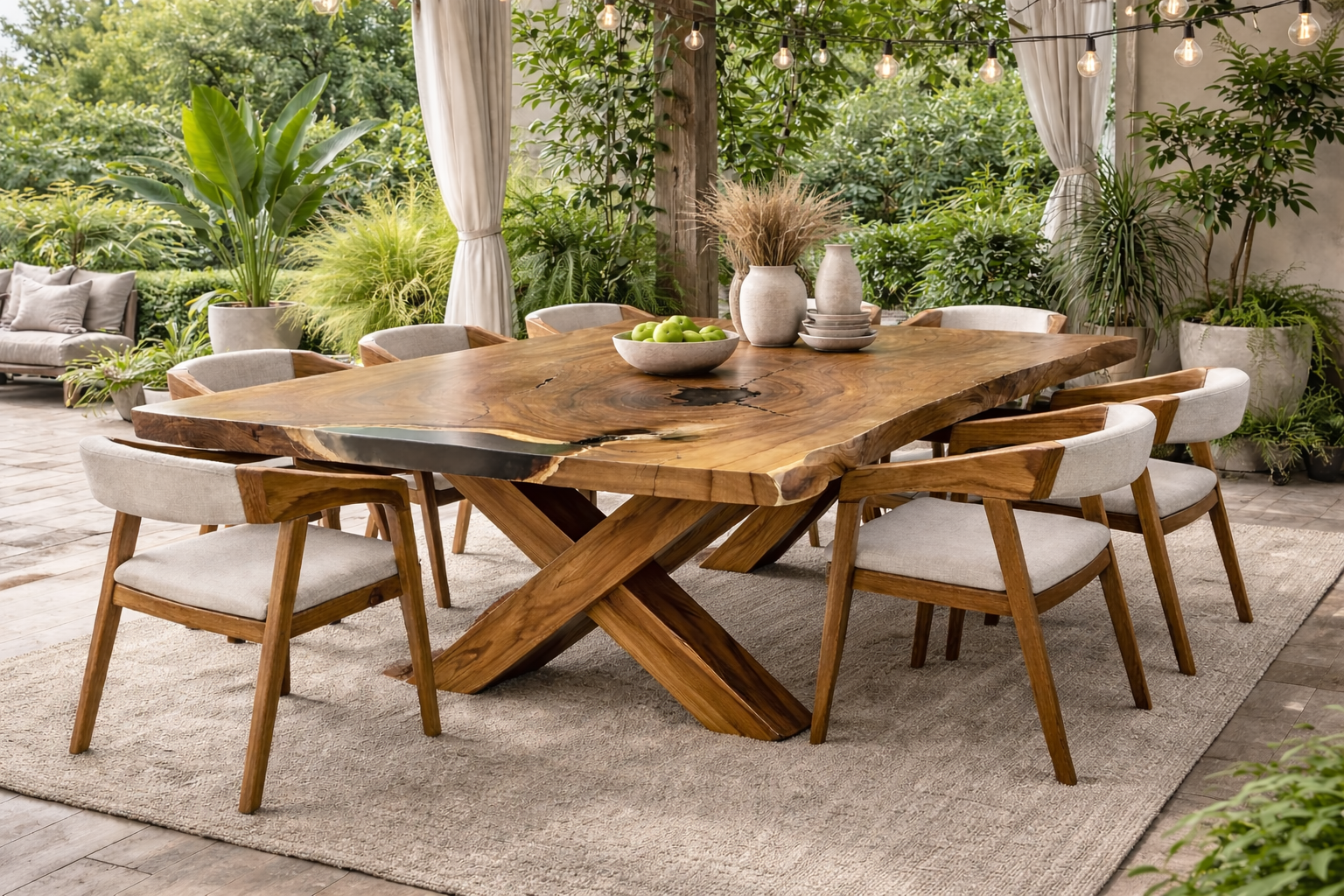 Comedor rectangular de cubierta orgánica para 8 personas con mesa de canto natural tipo live edge, base central en cruz X y 8 sillas con brazos integrados, respaldo envolvente y tapizado claro
