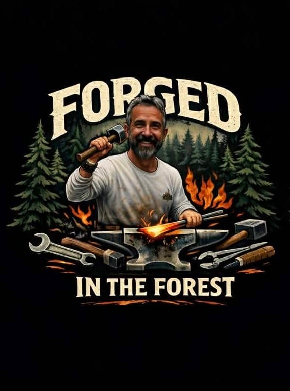 Person working on a woodworking project in a forest setting