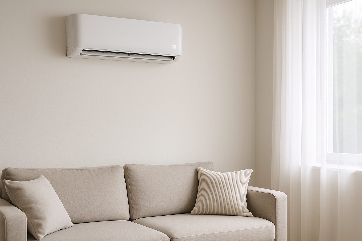 A beige sofa with a cushion, under a wall-mounted air conditioner, in a minimalistic room with soft white curtains.