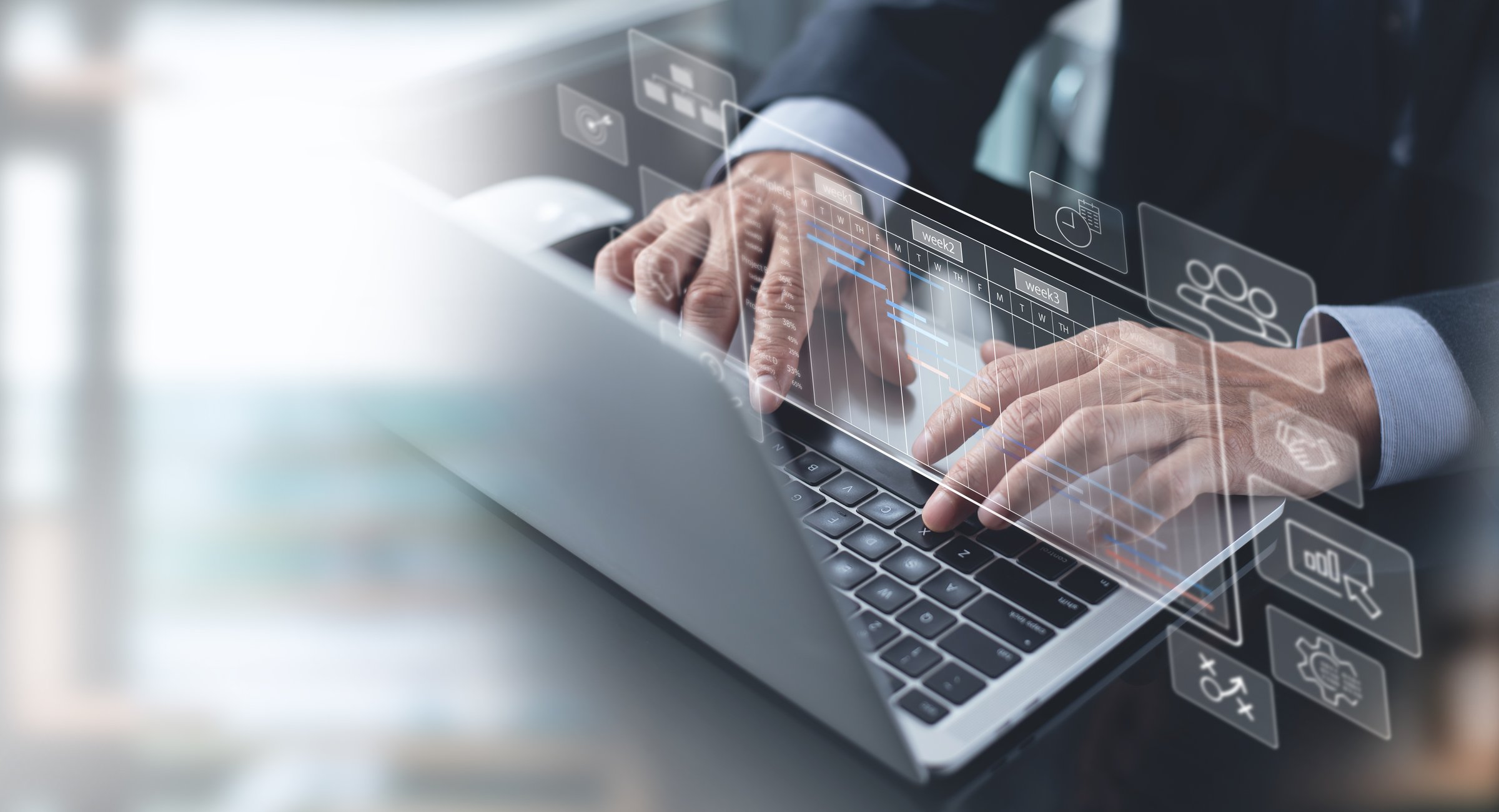 Project manager working with Gantt chart planning schedule, tracking milestones and updating tasks progress, scheduling and management skills, program strategy, project management concept