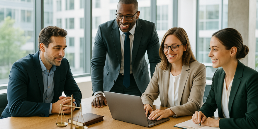 Four professionals in a meeting, two men and two women, seated and standing, with a laptop and legal books on the table.