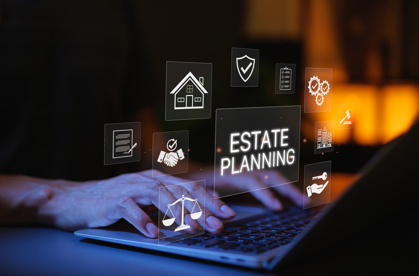 Estate Planning and Asset Management Concept. Person working on laptop in financial or legal setting with icons of legal documents, contracts, property, inheritance, law and wealth management.