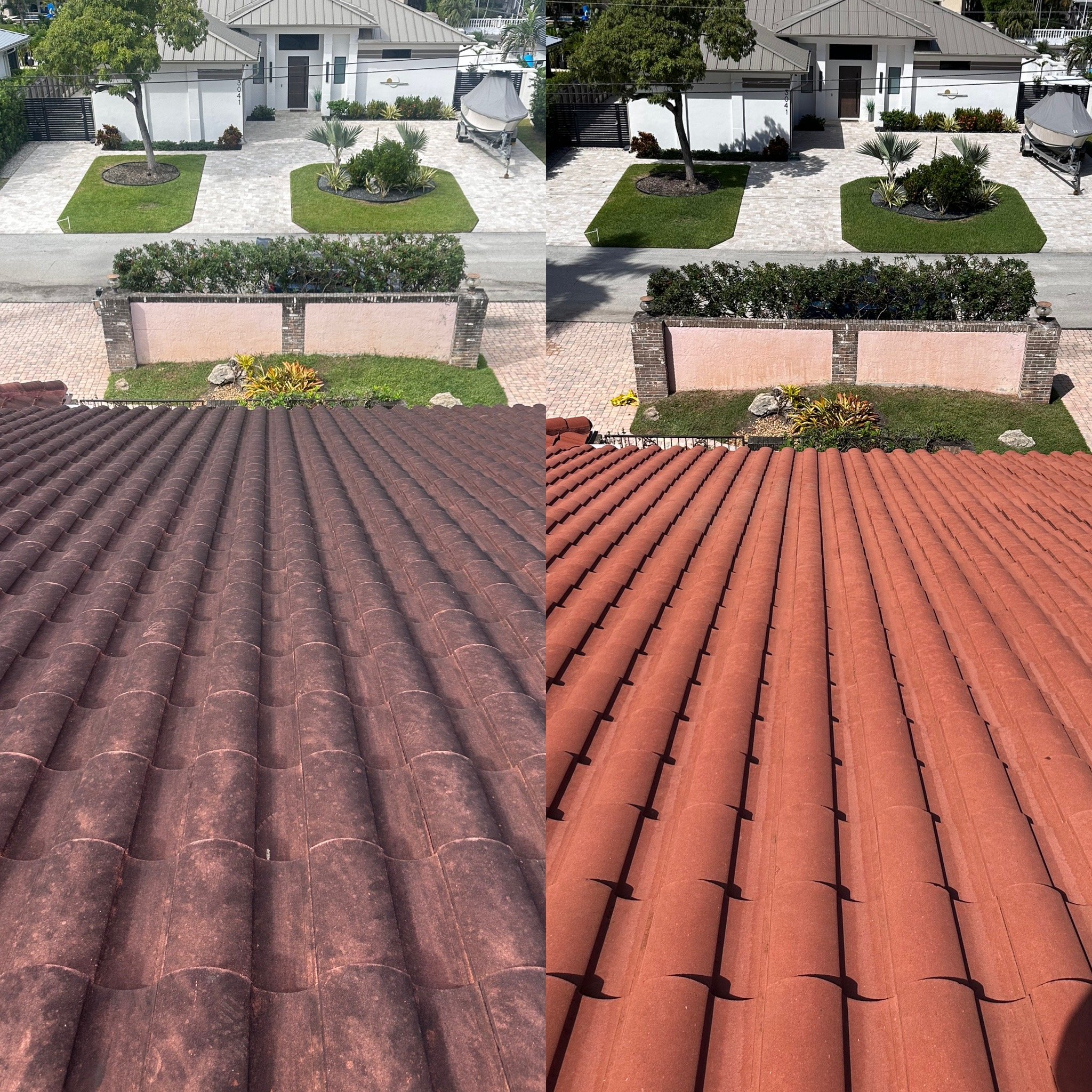 Professional roof cleaning with pressure washer