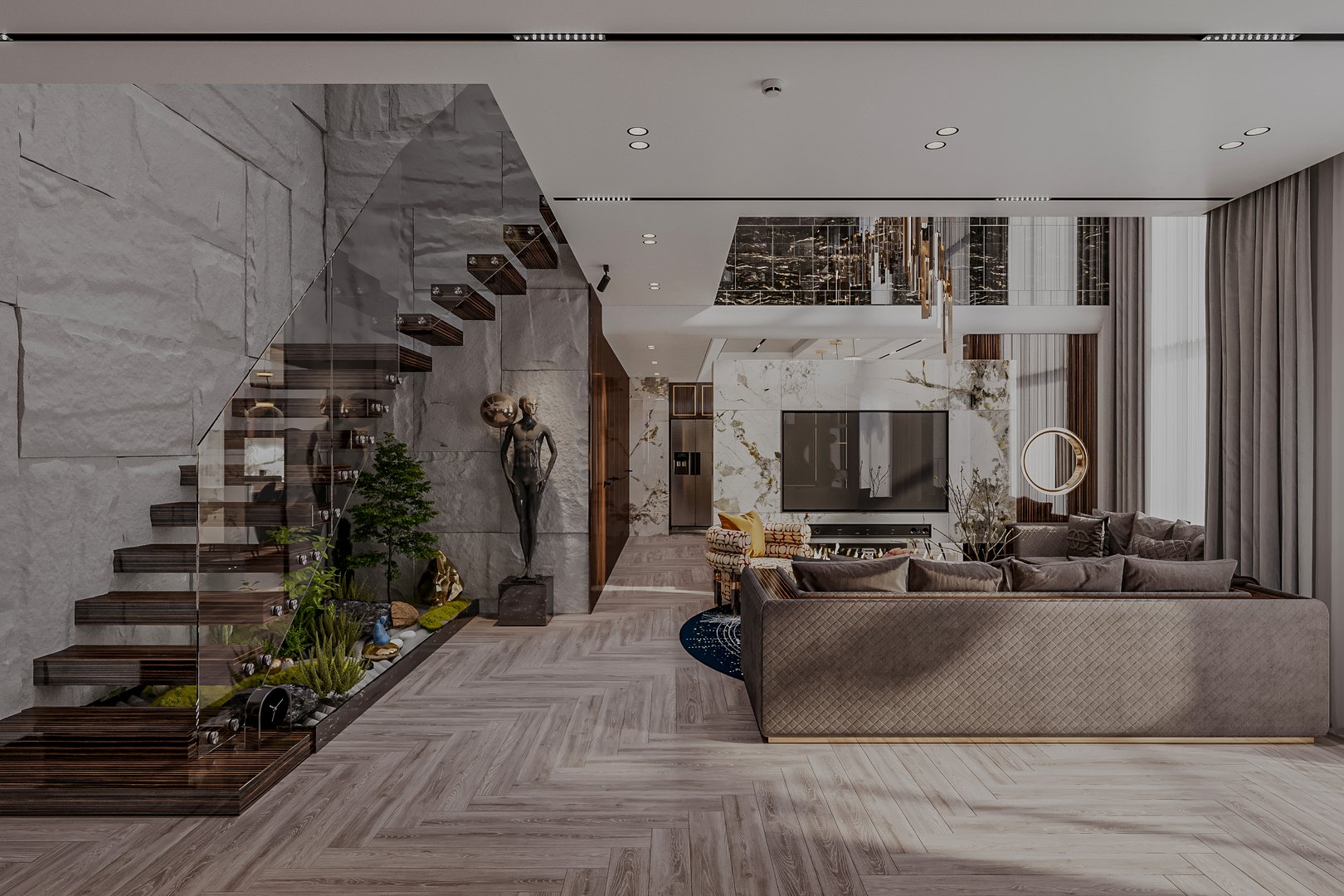 Inviting Living Room Warm Colored Furniture , couch and chair in a living room, bay window, apartment