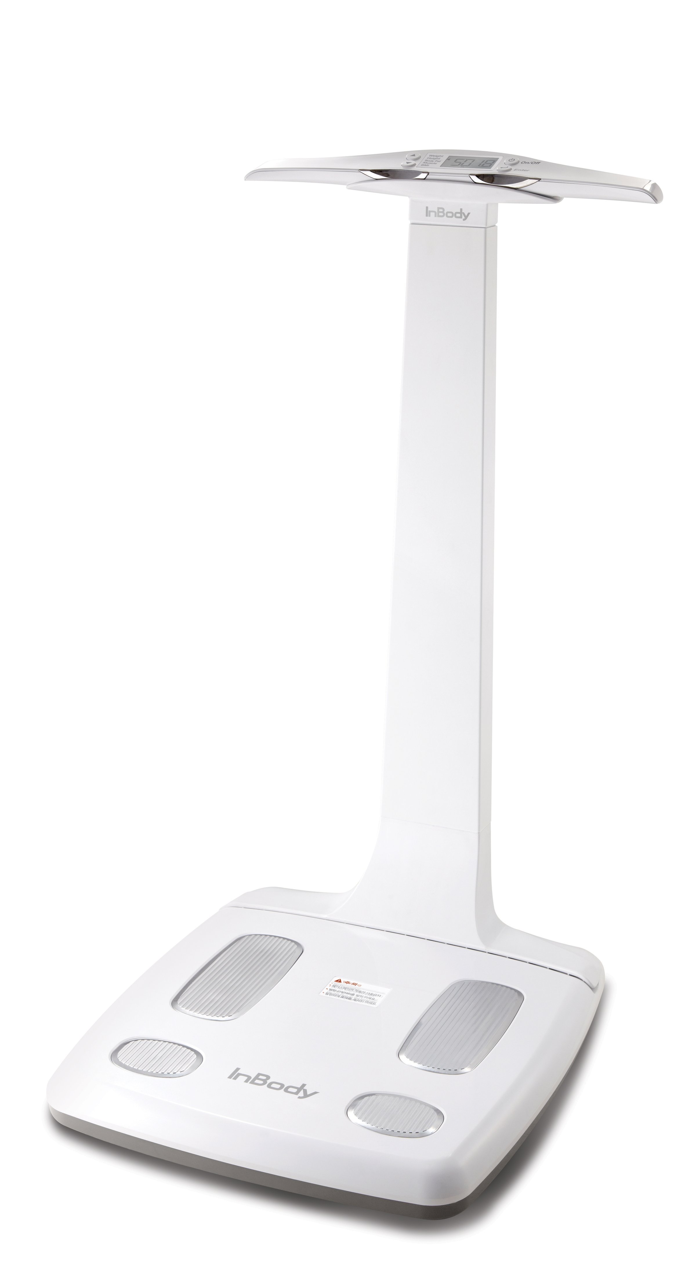 A white InBody body composition analyzer with a display and footpads for evaluation, standing upright.