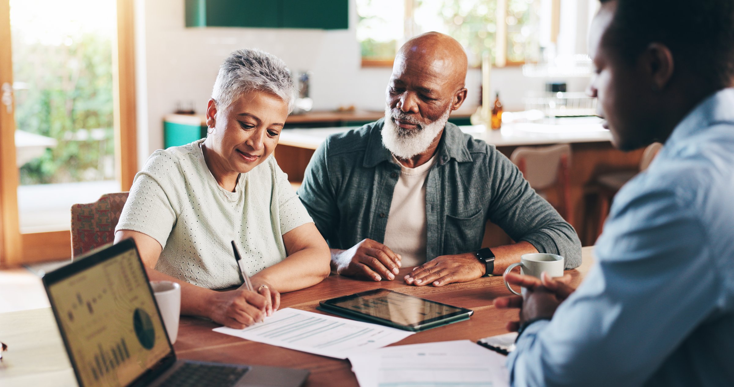 Signature, documents and old couple with financial advisor for retirement fund, fraud protection and pension planning. Trust agreement, policy and offer with people at home for account manager