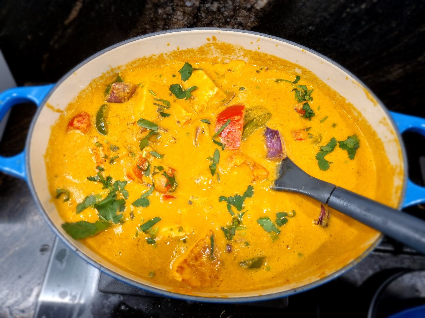 A pot of creamy curry with vegetables and herbs, featuring a rich, orange sauce and sprinkled with fresh cilantro.