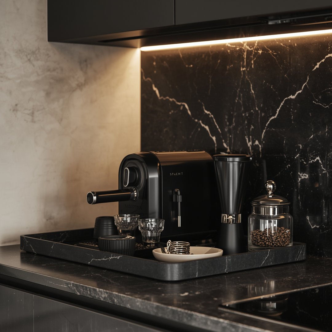 Mørk kaffestasjon med dramatisk atmosfære og varme toner