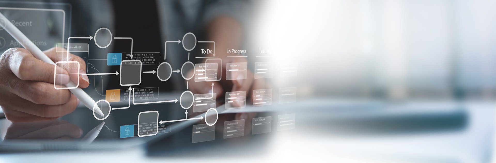 Business process, workflow automation with flowchart. Document management system DMS, Enterprise content management, Businessman working on digital tablet managinging files data, workflow for business development