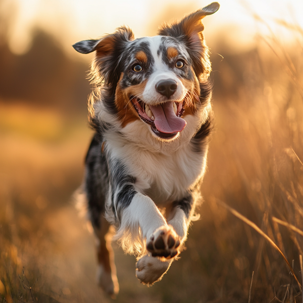 A joyful Australian Shepherd dog running energetically through a sunny field, with its tongue out and ears flapping.