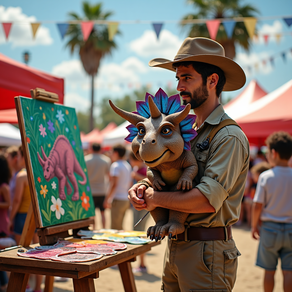 Dinosaur character painting at an easel during a live show