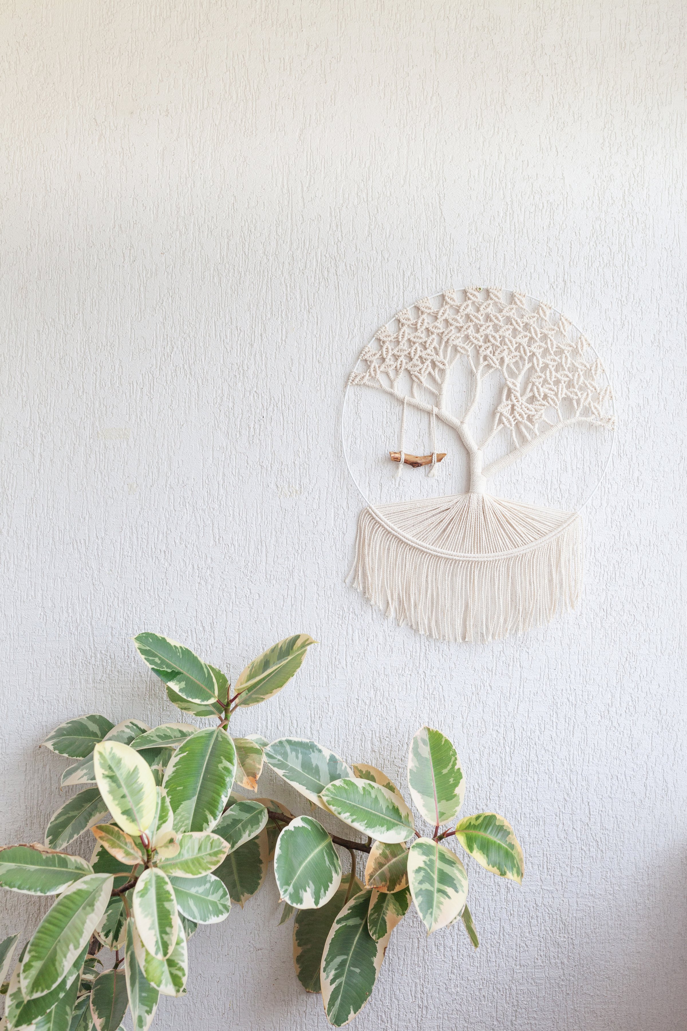 Close-up of hand made macrame texture pattern. Tree of life. ECO friendly modern knitting DIY natural decoration concept in interior. Handmade 100% cotton. Female hobby. Copy space