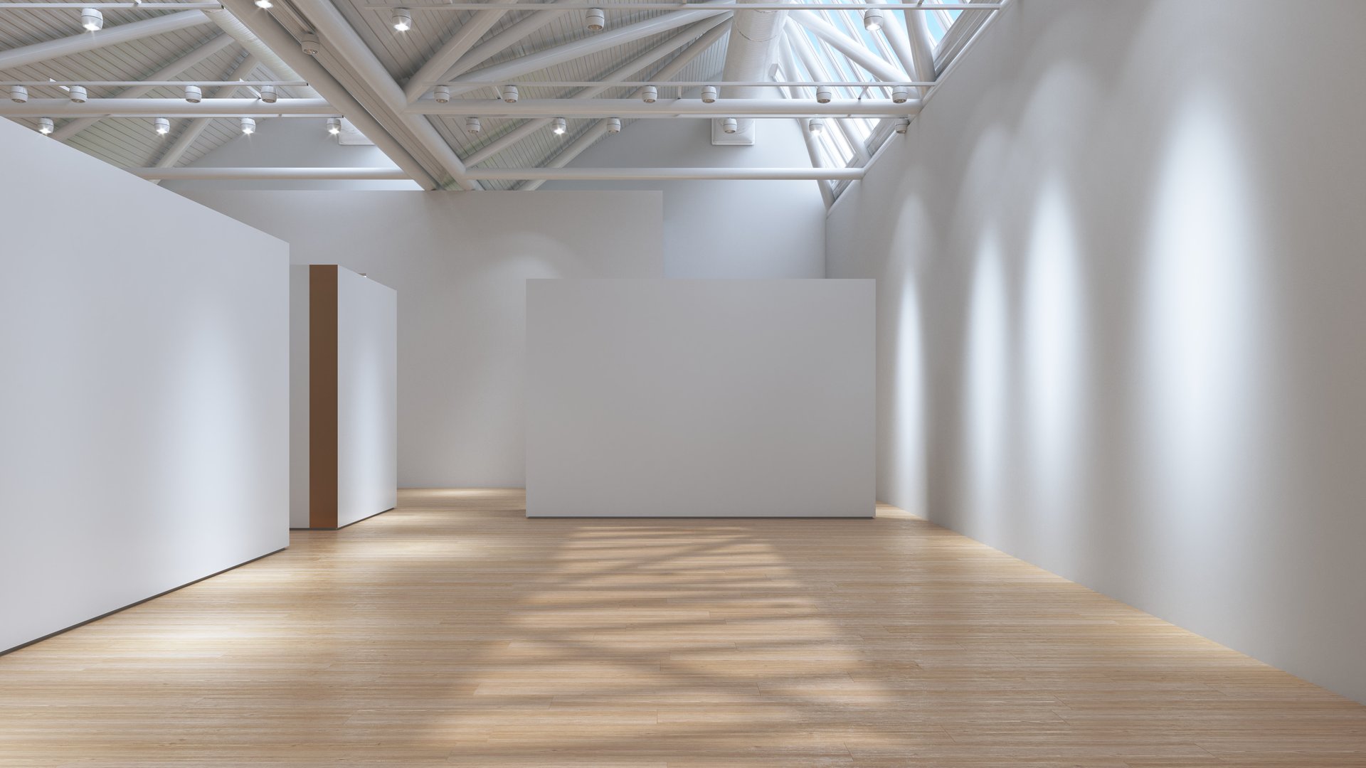 Vacant modern art gallery interior, high ceiling, wooden floor, diffused lighting. 3D rendering.