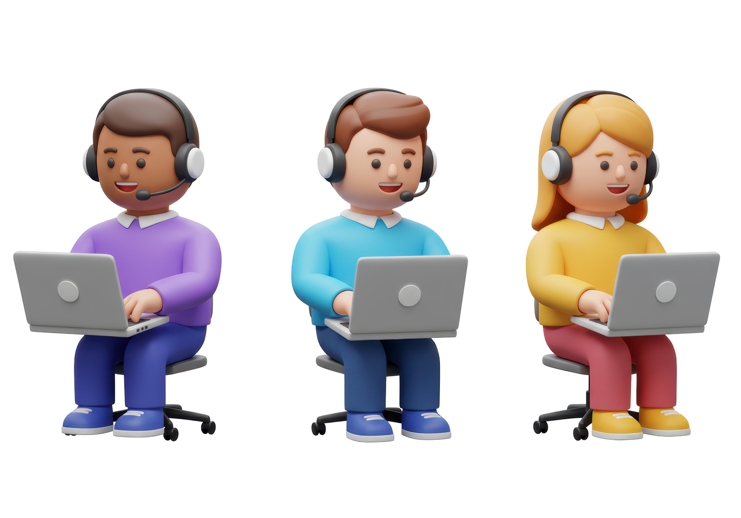 Isolated Diverse Customer Service Team Working on Laptops with Headsets