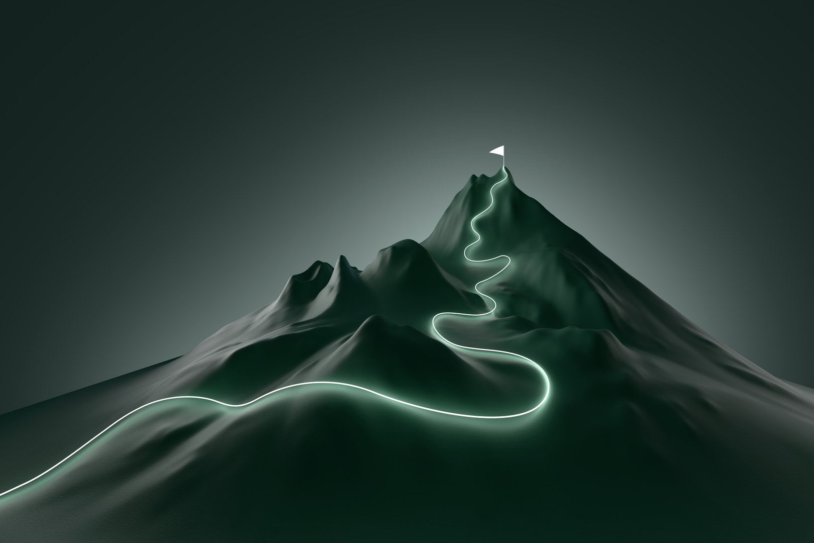 Glowing path leading to flag on peak of futuristic mountain. Concept of success, growth and achievement of goals. 3d illustration, copy space.