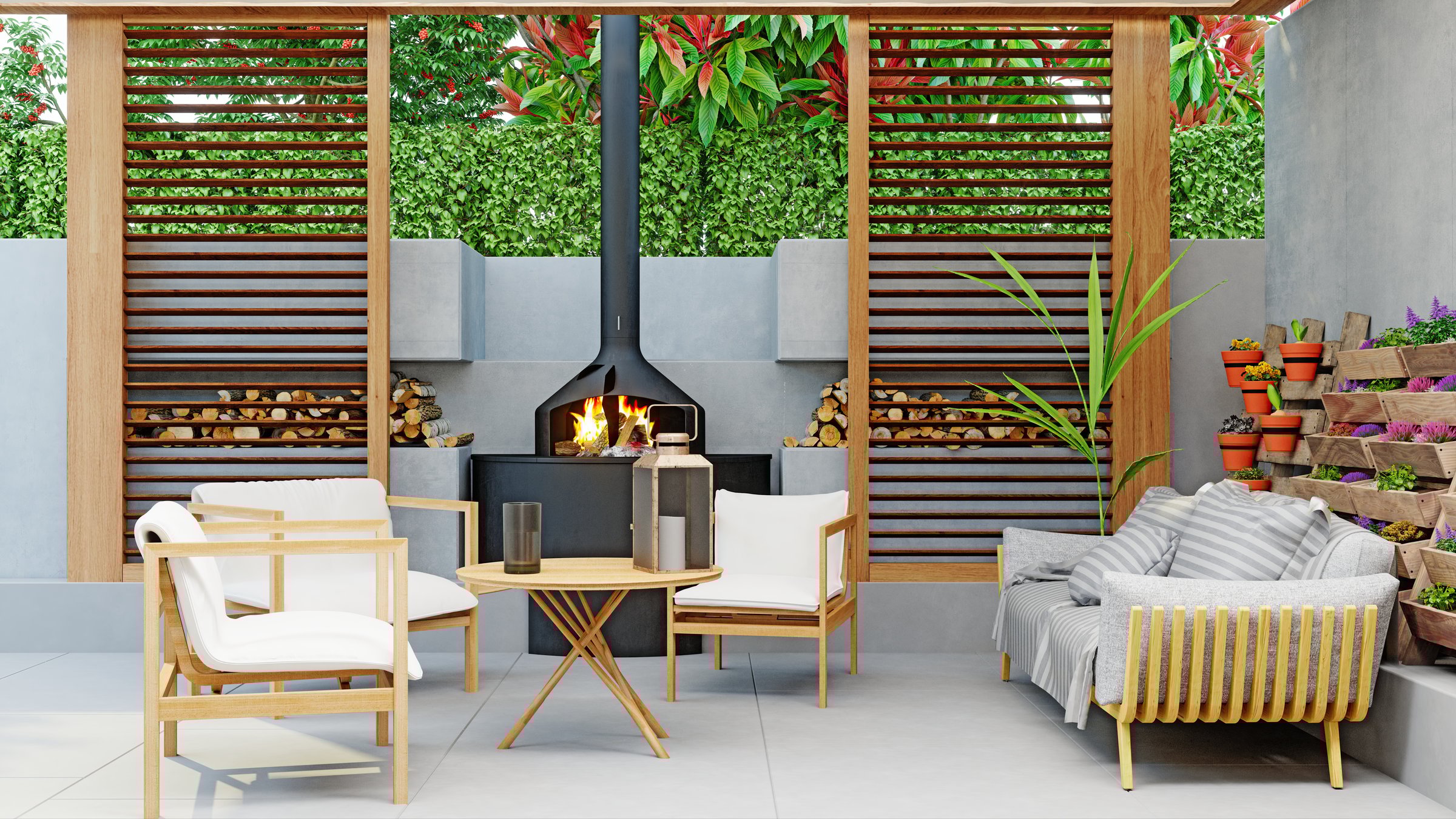 Cozy outdoor patio with modern furniture and fireplace. Comfortable lounge area for relaxation and entertaining. 3d rendering.
