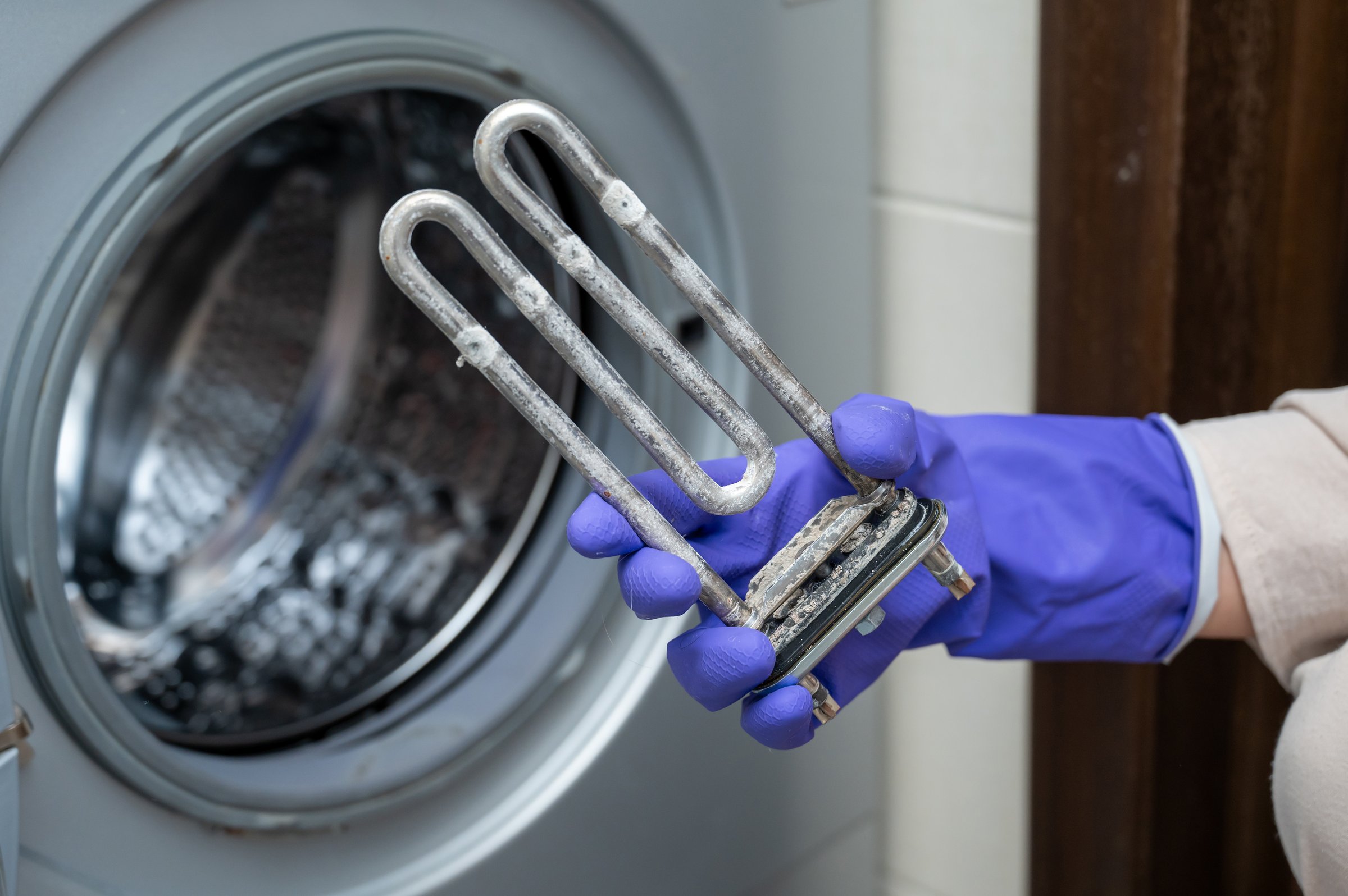 Person wearing purple cleaning gloves holds a used washing machine heating element covered with limescale near the open door, demonstrating part replacement or maintenance process