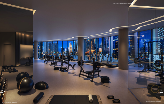Luxury gym with modern equipment, large windows, city skyline view, and moody lighting ambiance.