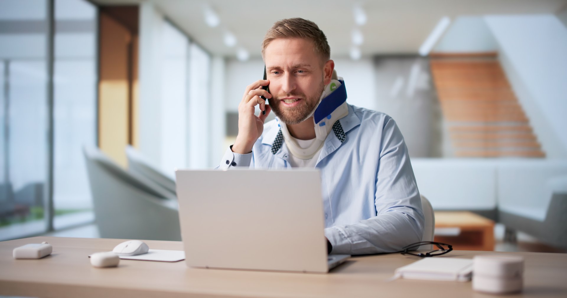 Worker In Neck Brace Fills Out Compensation Form After Workplace Injury. Office Worker