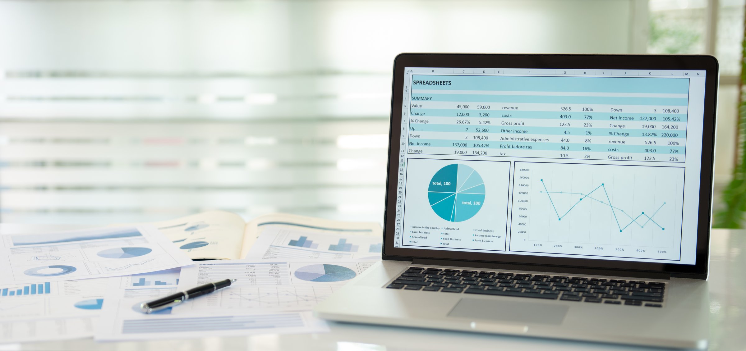 accounting and financial software concept. business spreadsheet report on computer screen for training and development on desk with copy space.