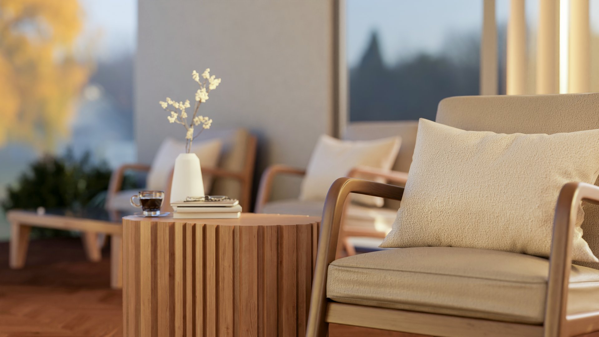 A minimalist comfortable armchair with a pillow placed beside a wooden side table in a contemporary cozy living room. 3d render, 3d illustration