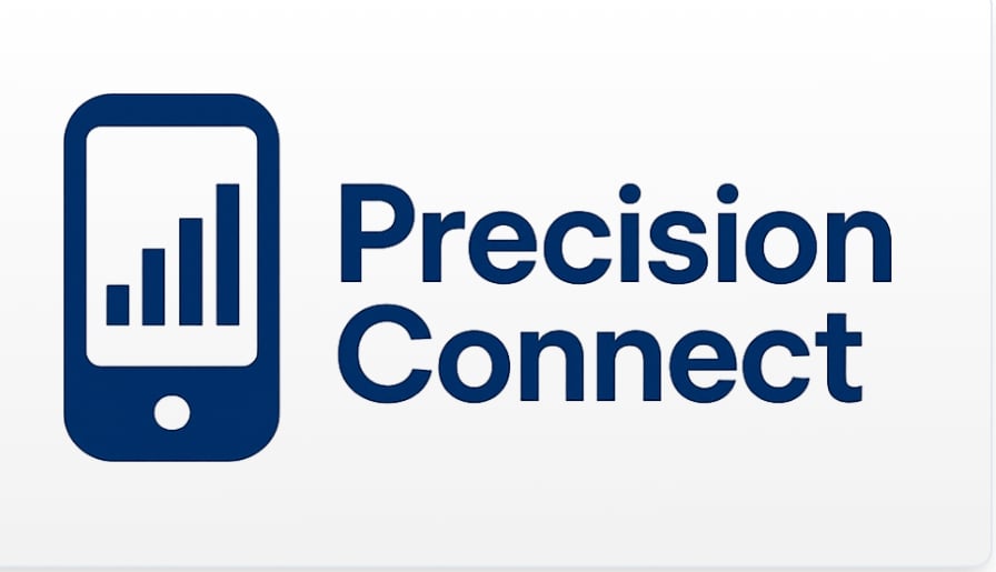 Logo of Precision Connect with a blue smartphone icon displaying a bar graph next to the company name.