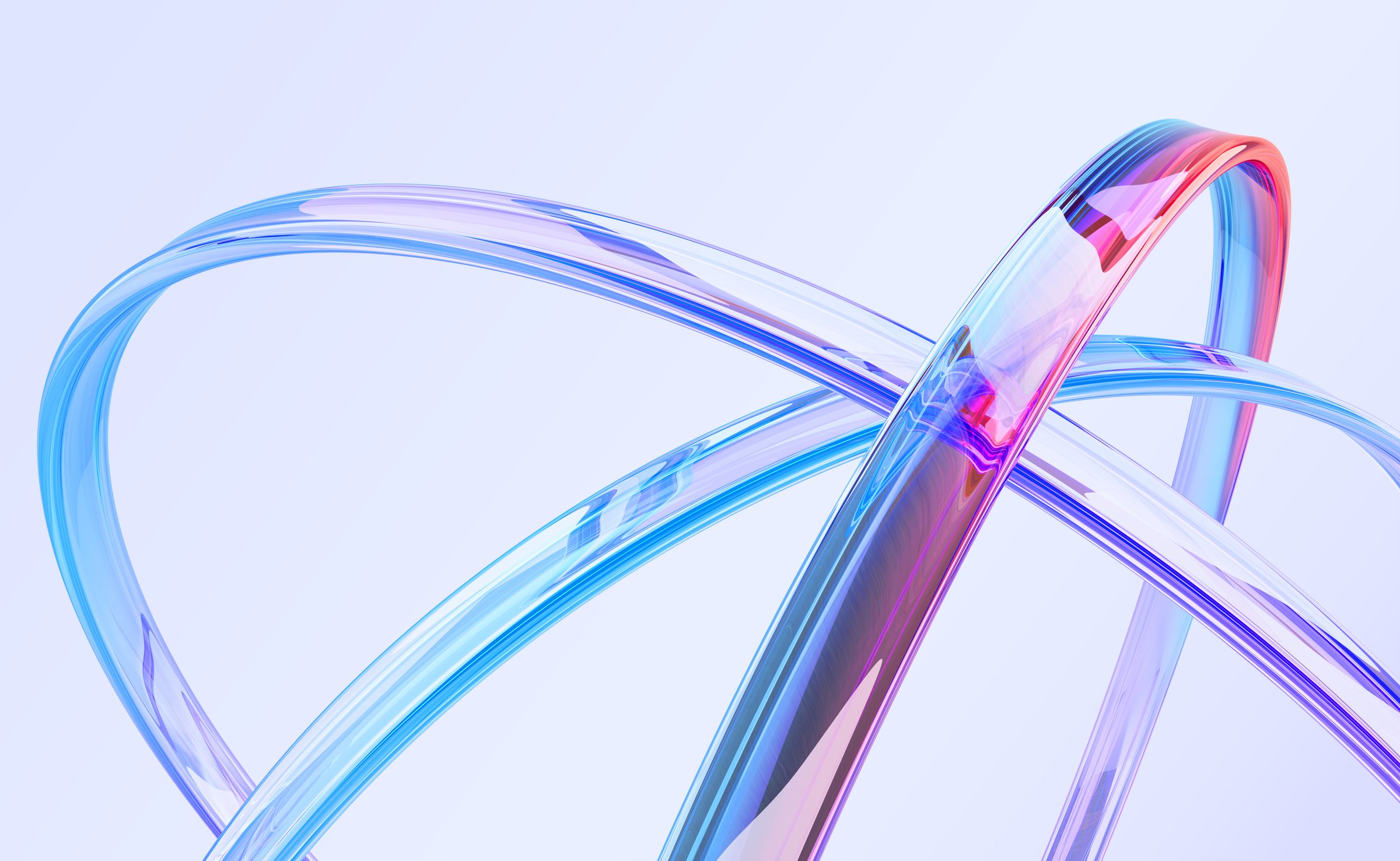 Abstract 3d background with liquid glass holographic transparent lines. Rainbow ribbons neon gradient tapes with dispersion light. Iridescent fluid flow curve shapes render banner. 3D illustration